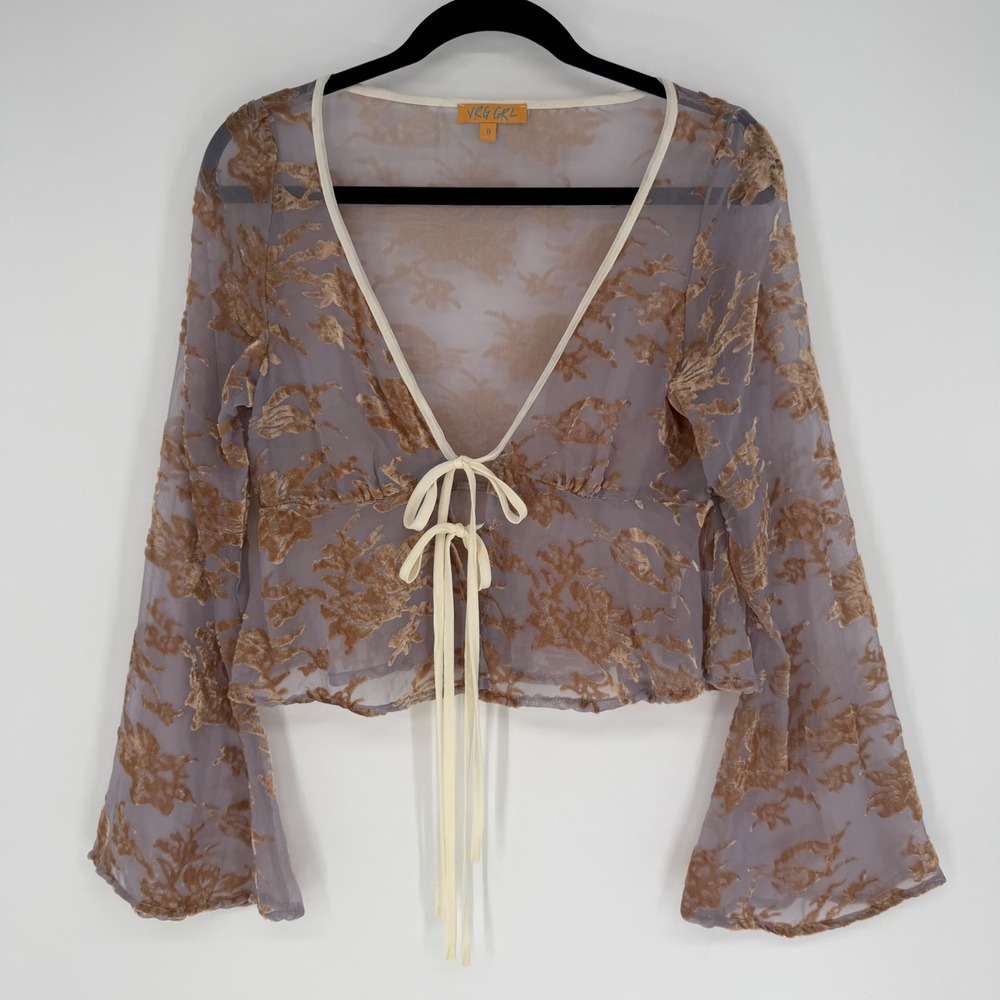 VRG GRL MOONSCAPES KIMONO TOP SHEER FLORAL SIZE 8 BOHO BELL SLEEVES WHIMSY FAIRY
